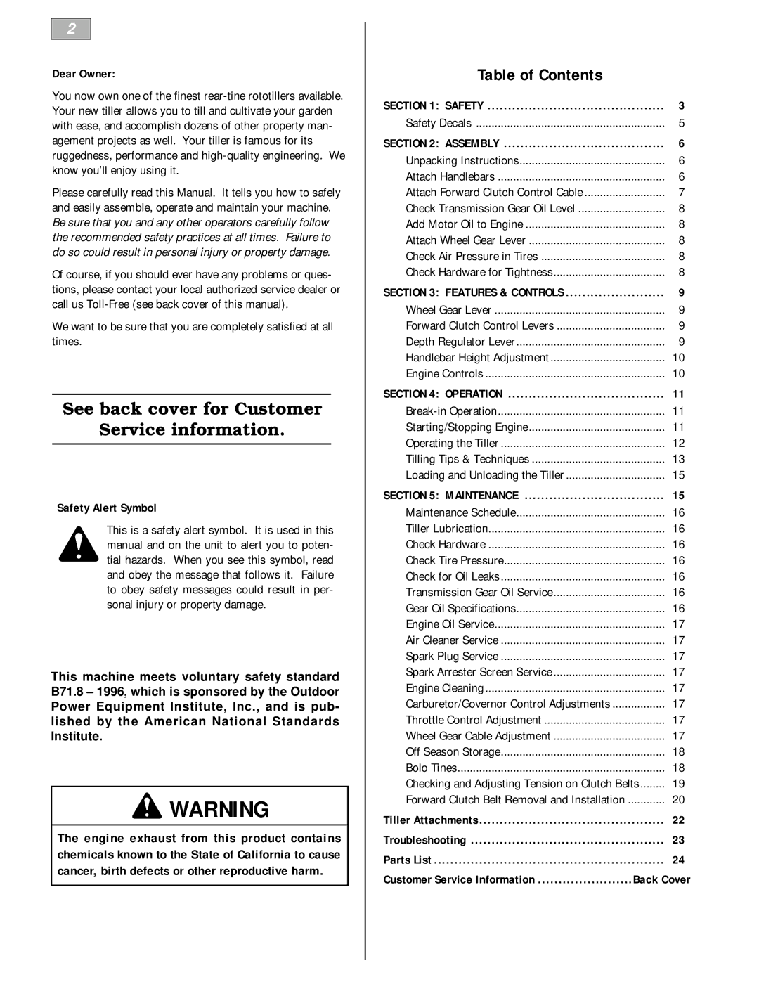 Bolens 12226 owner manual Table of Contents 