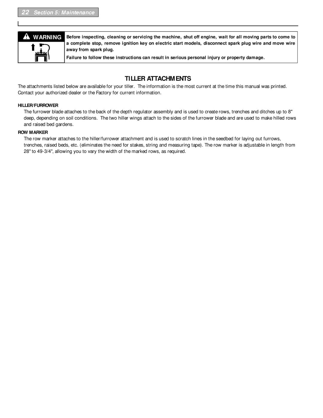 Bolens 12226 owner manual Hiller/Furrower, ROW Marker 