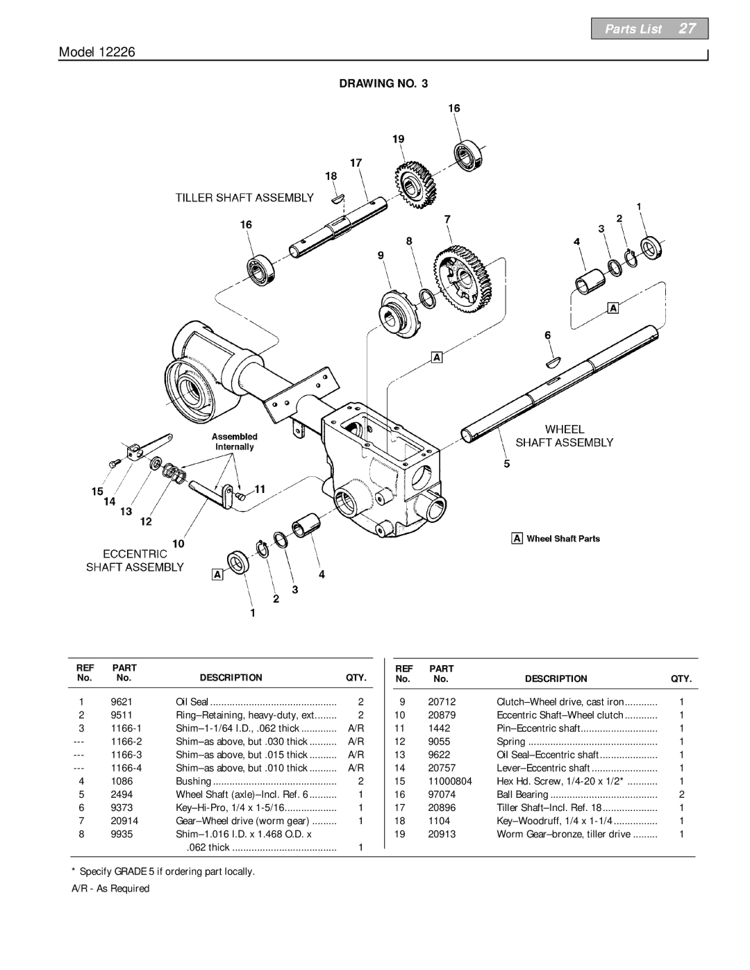 Bolens 12226 owner manual Oil Seal 9511 