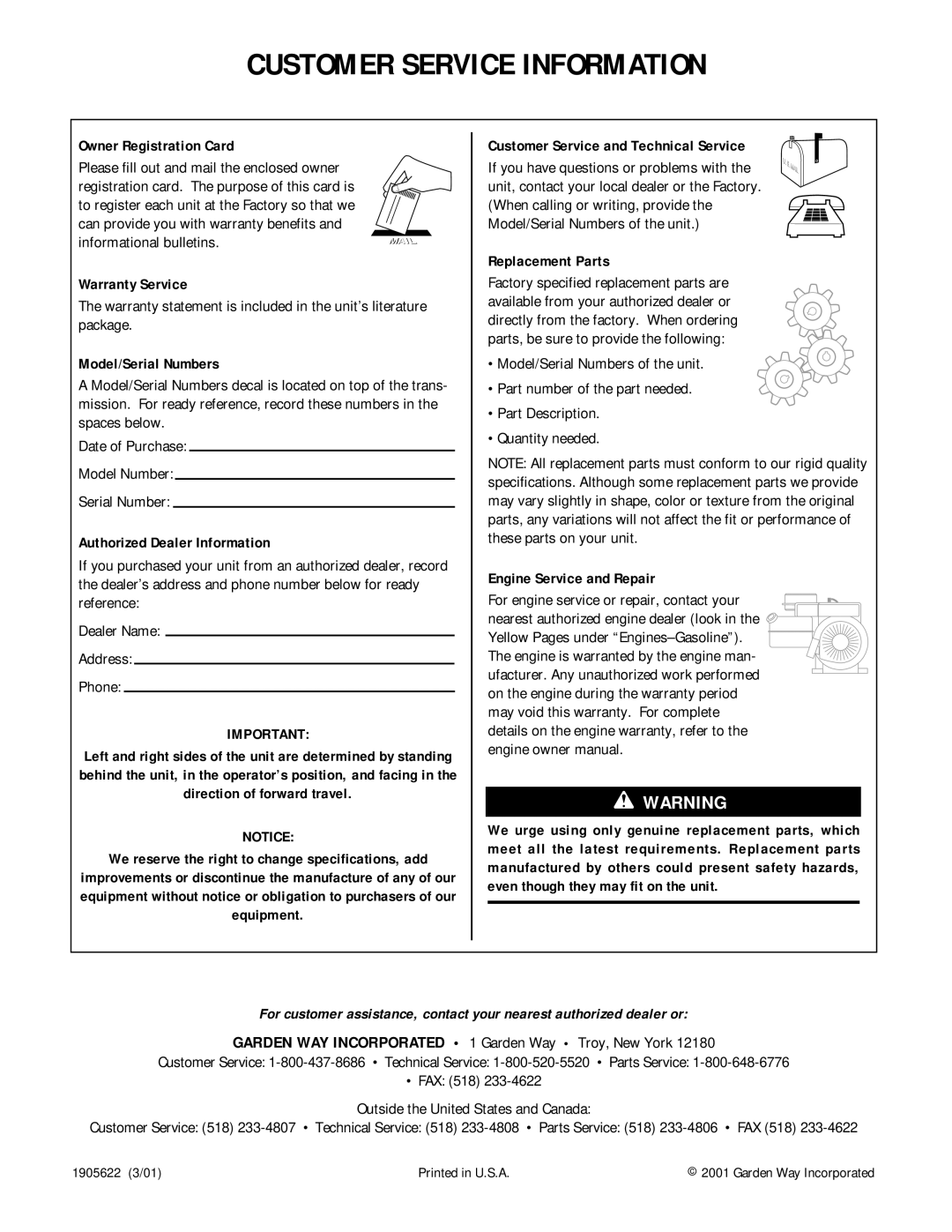 Bolens 12226 owner manual Owner Registration Card, Warranty Service, Model/Serial Numbers, Authorized Dealer Information 