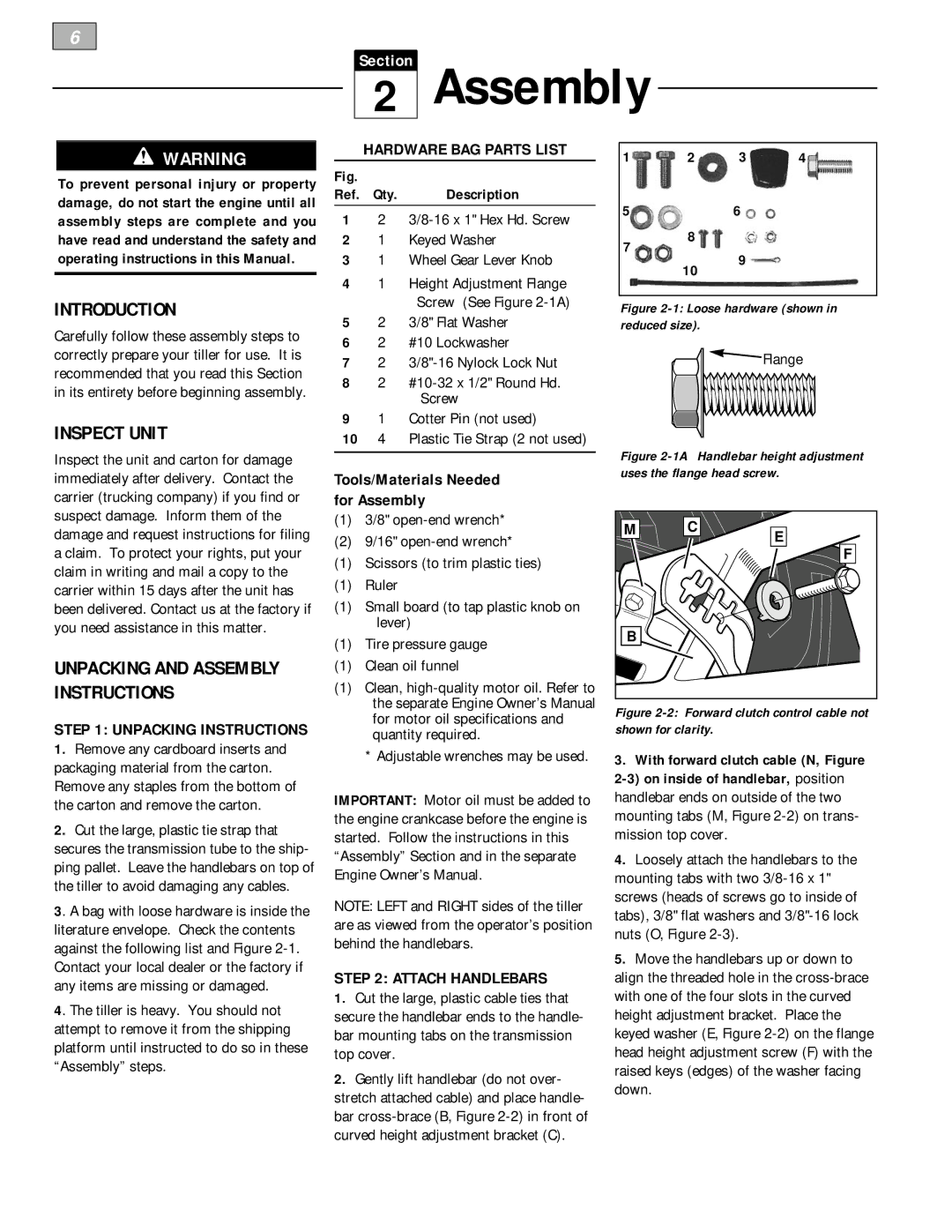 Bolens 12226 owner manual Introduction, Inspect Unit, Hardware BAG Parts List, Attach Handlebars, Unpacking Instructions 