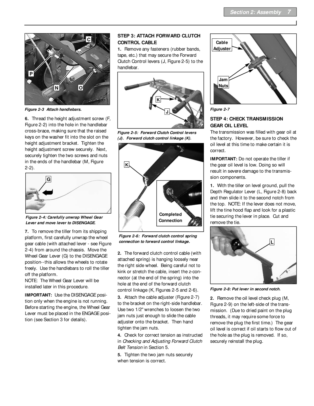 Bolens 12226 owner manual Attach Forward Clutch Control Cable, Tighten the two jam nuts securely when tension is correct 