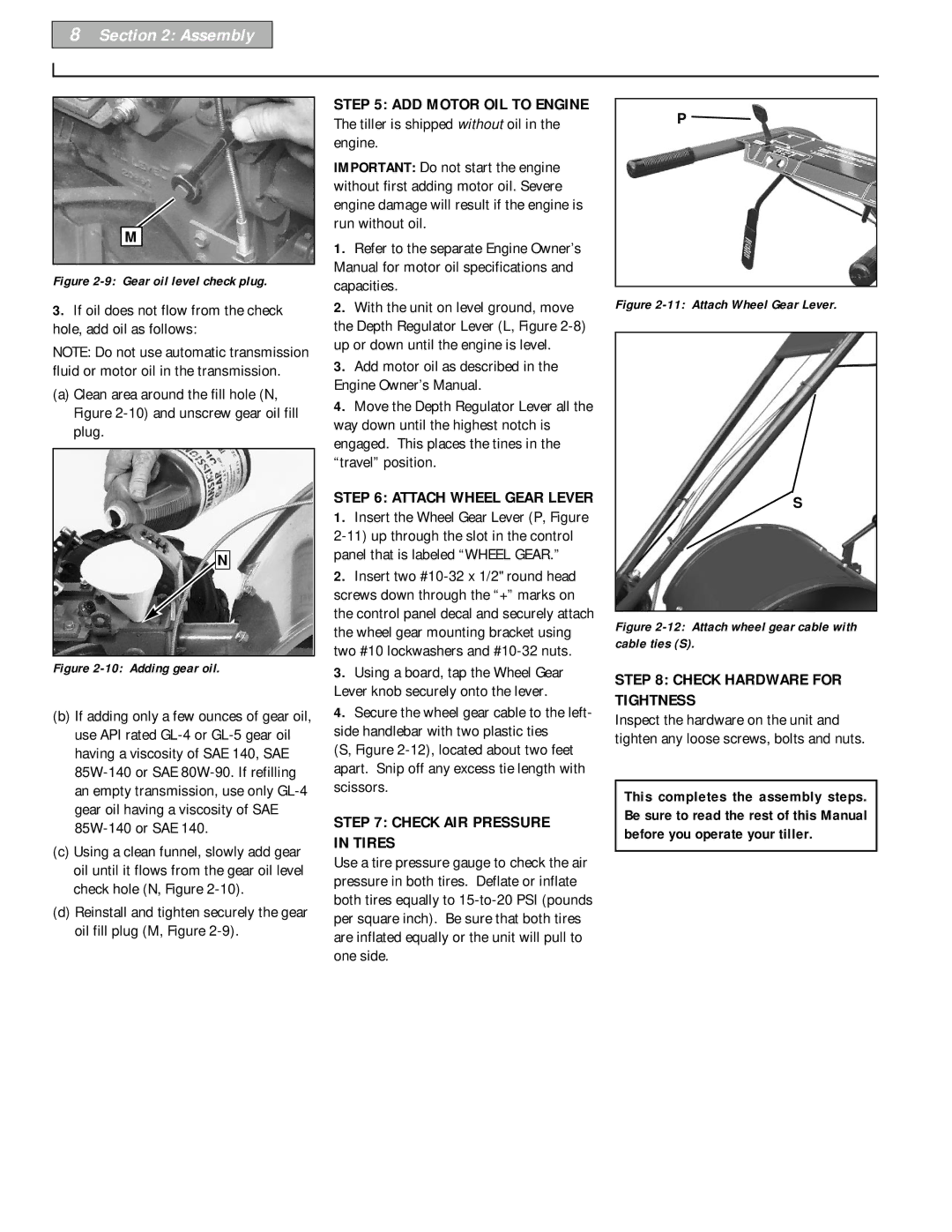 Bolens 12226 owner manual Check AIR Pressure in Tires, ADD Motor OIL to Engine, Attach Wheel Gear Lever 