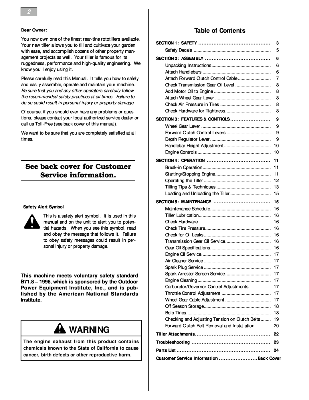 Bolens 12226 Table of Contents, Dear Owner, Safety Alert Symbol, Tiller Attachments, Troubleshooting, Parts List, Assembly 