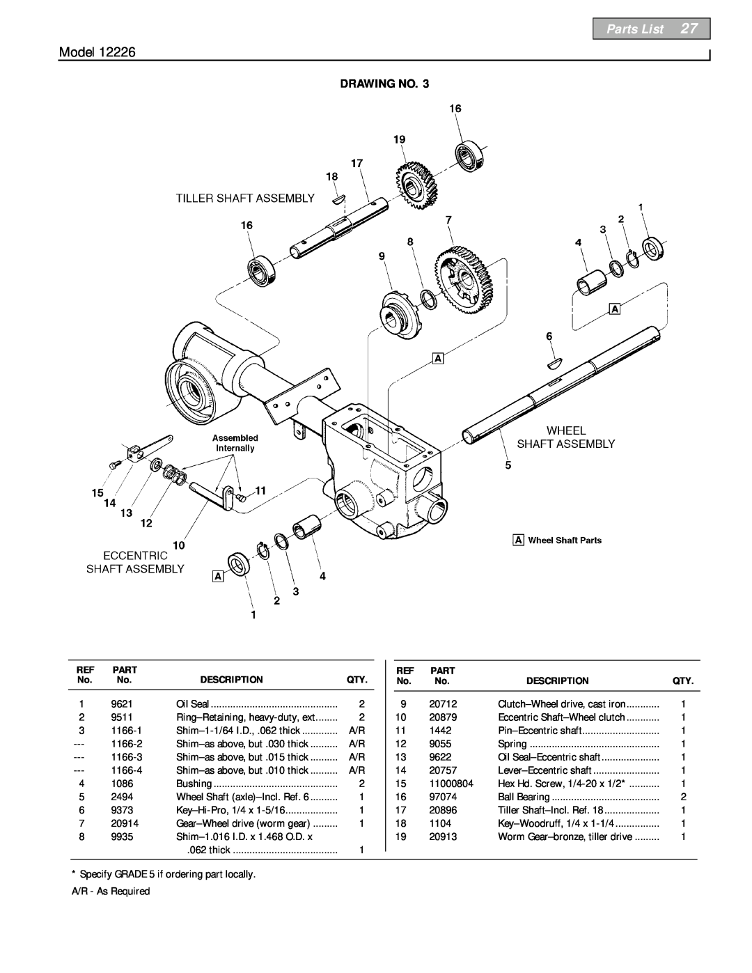 Bolens 12226 owner manual Parts List, Model, Drawing No, Description 
