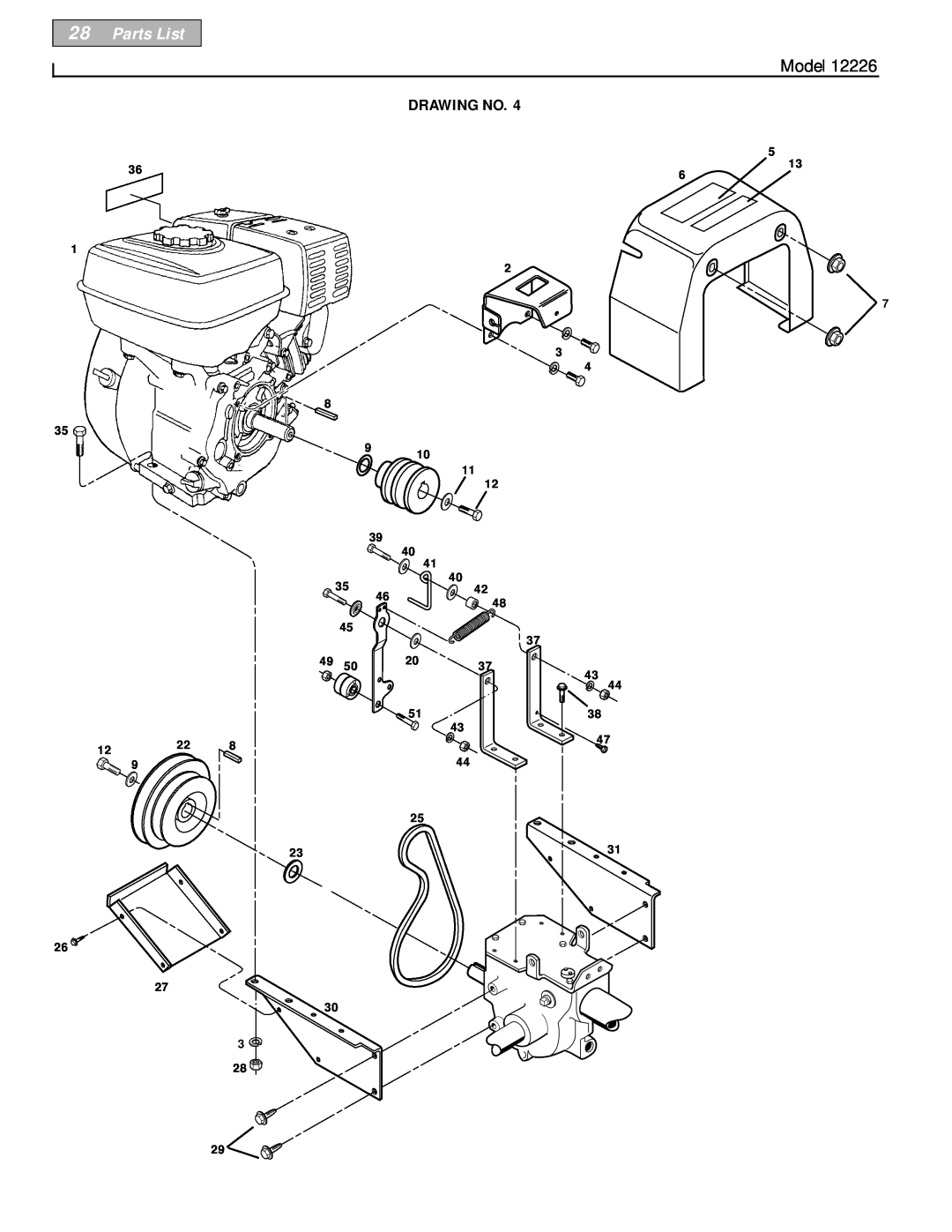 Bolens 12226 owner manual Parts List, Model, Drawing No 