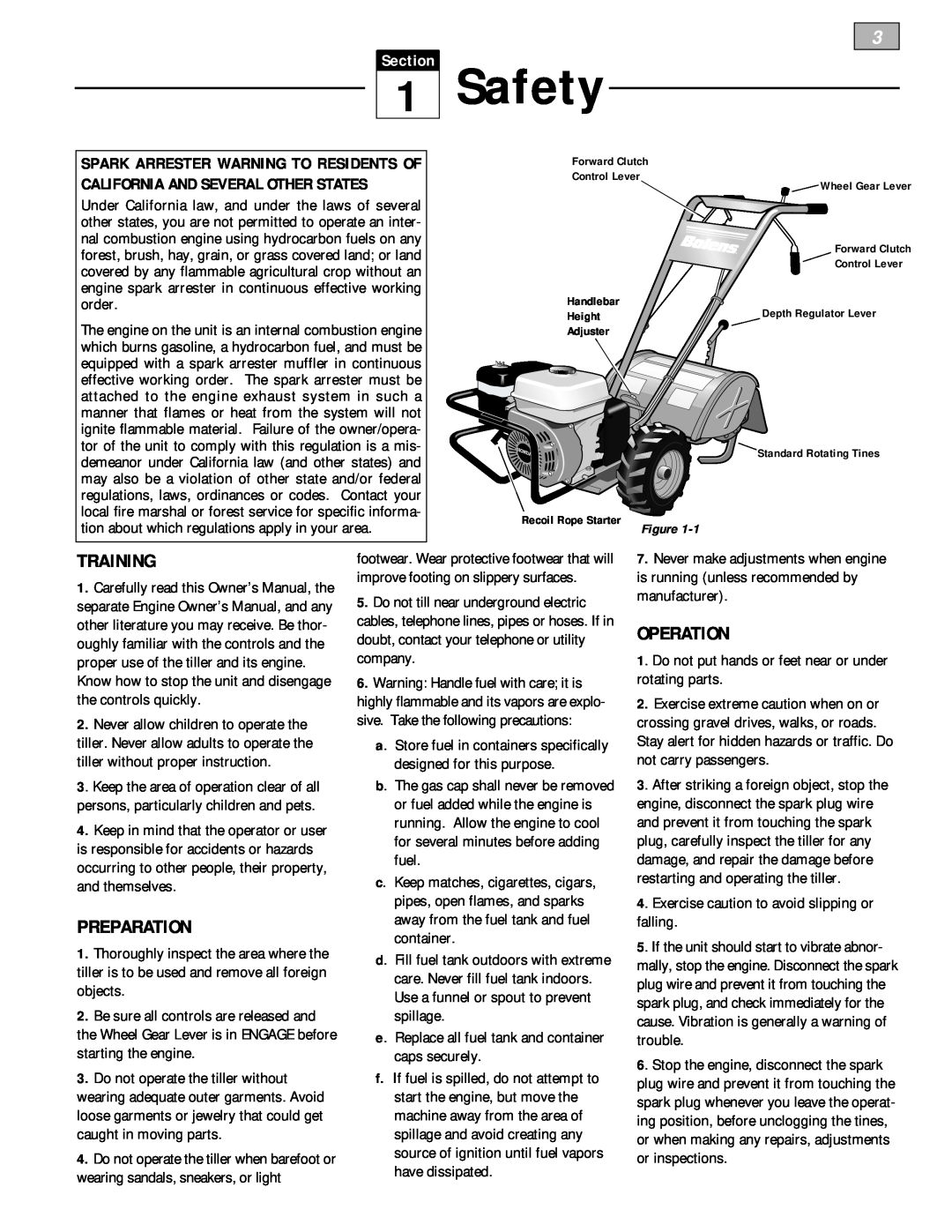 Bolens 12226 owner manual Safety, Training, Preparation, Operation, Section 