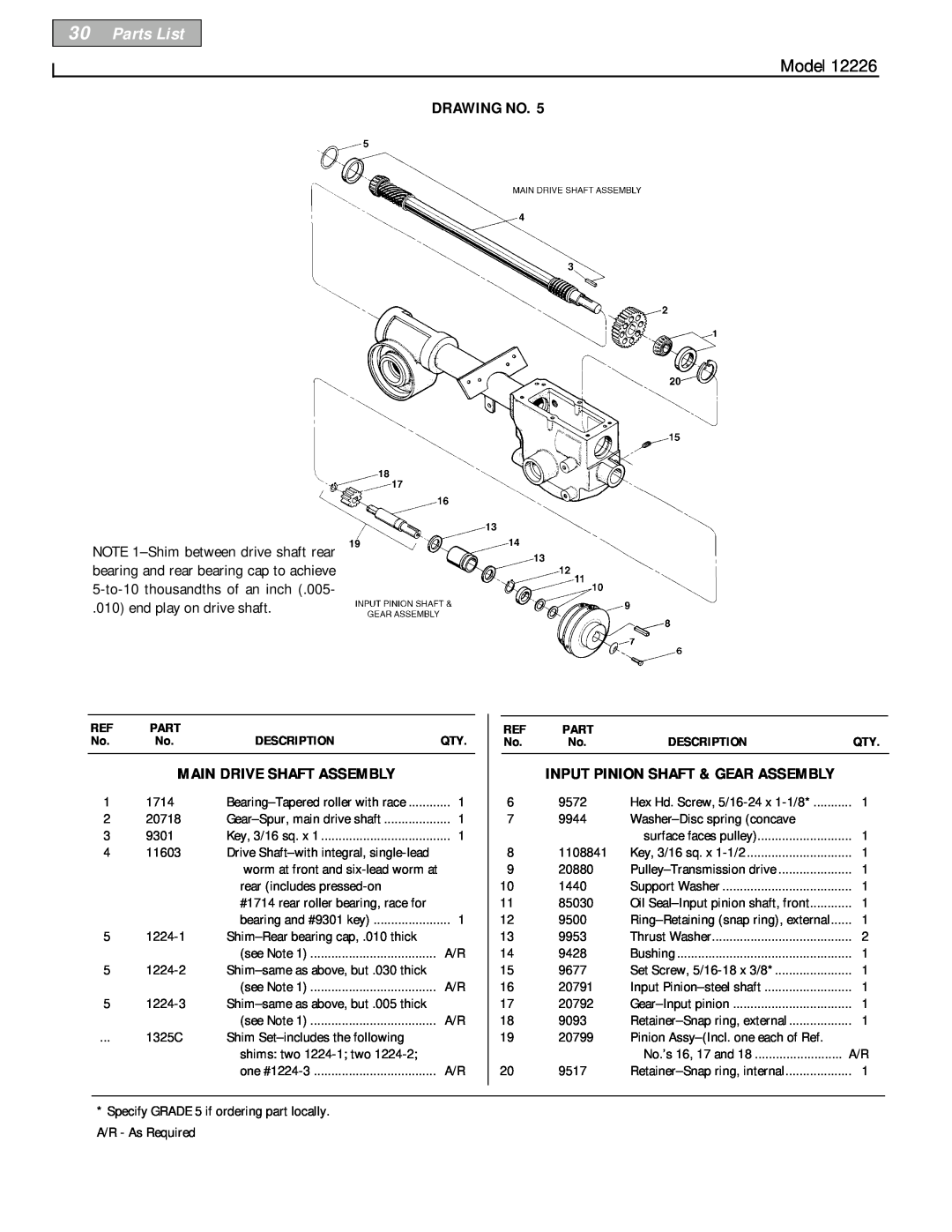 Bolens 12226 Parts List, Main Drive Shaft Assembly, Input Pinion Shaft & Gear Assembly, Model, Drawing No, Description 