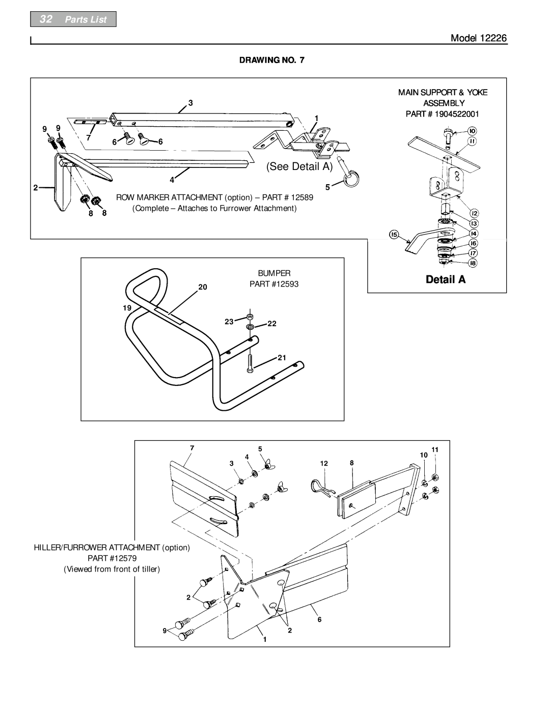 Bolens 12226 owner manual Parts List, See Detail A, Model, Drawing No 