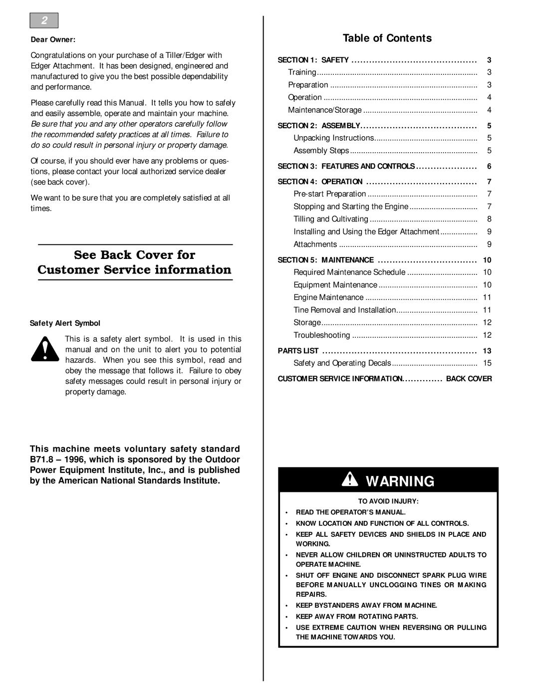 Bolens 12228 owner manual See Back Cover for Customer Service information 