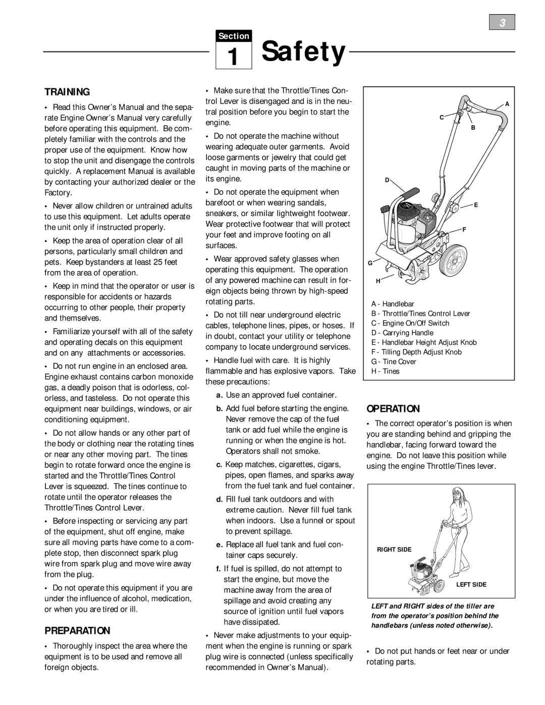 Bolens 12228 owner manual Safety, Training, Preparation, Operation 