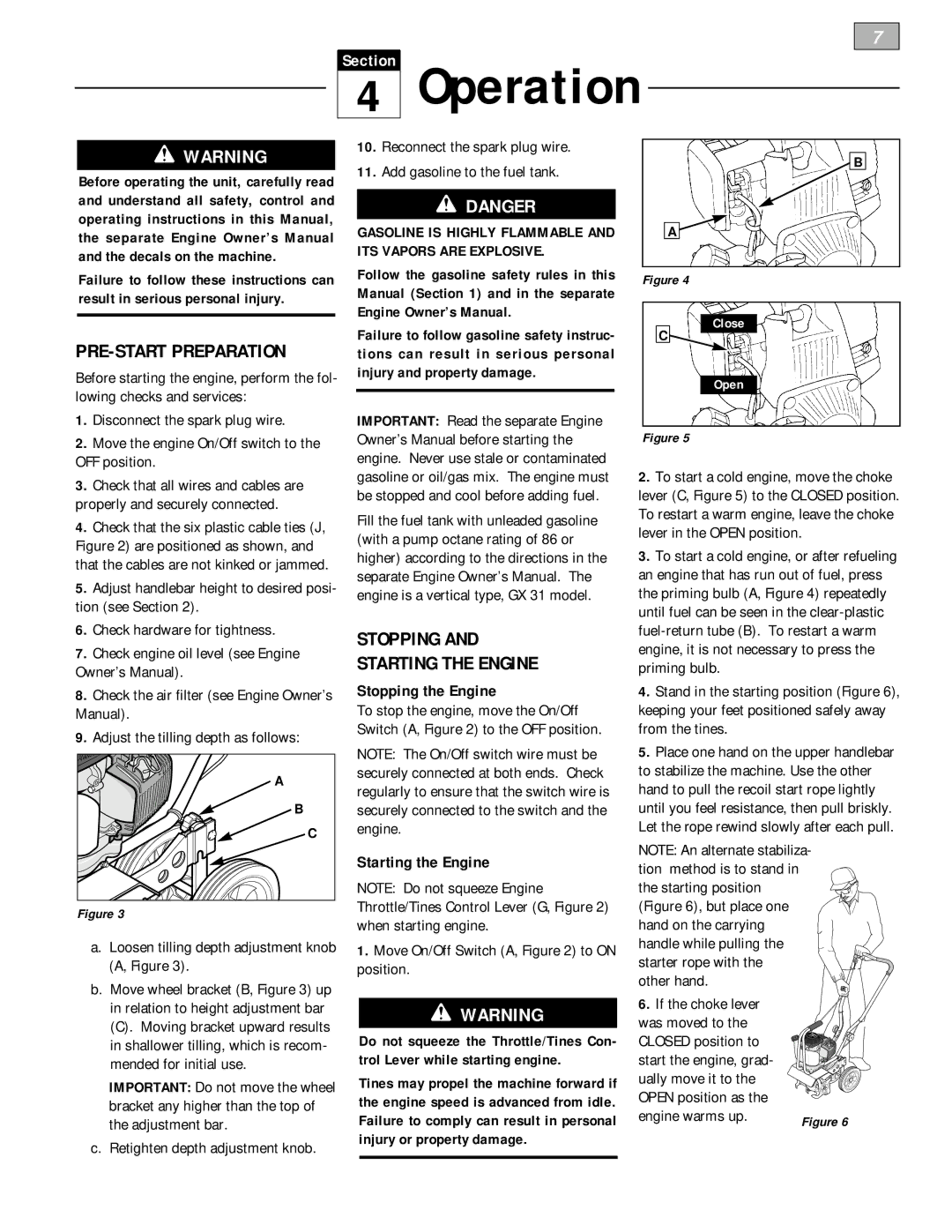 Bolens 12228 Operation, PRE-START Preparation, Stopping Starting the Engine, Disconnect the spark plug wire, OFF position 