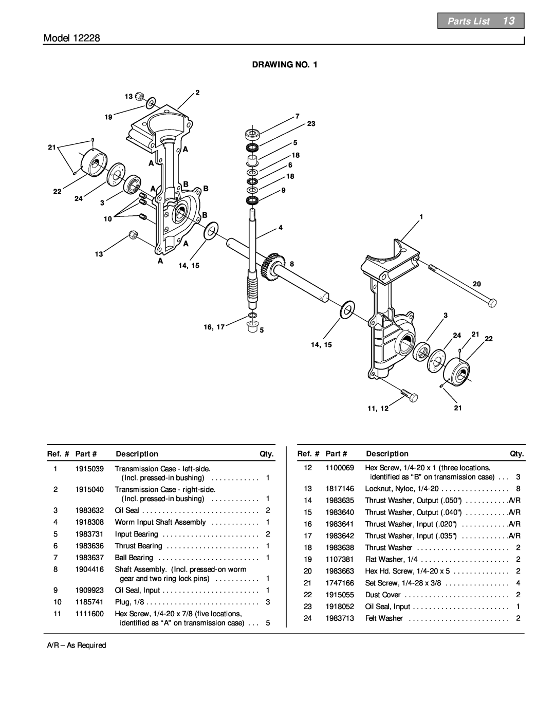 Bolens 12228 owner manual Parts List, Model, Drawing No 