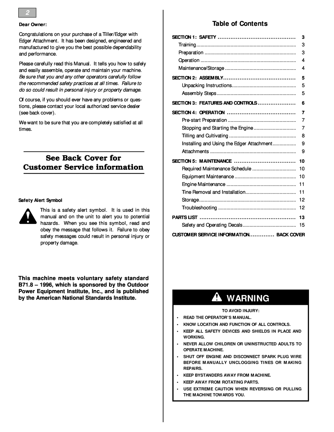 Bolens 12228 owner manual See Back Cover for Customer Service information, Table of Contents 