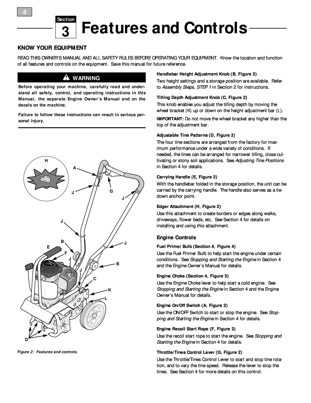 Bolens 12228 owner manual Features and Controls, Know Your Equipment, Engine Controls, Section 