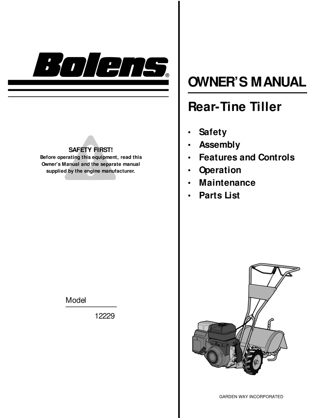 Bolens 12229 owner manual Rear-Tine Tiller 