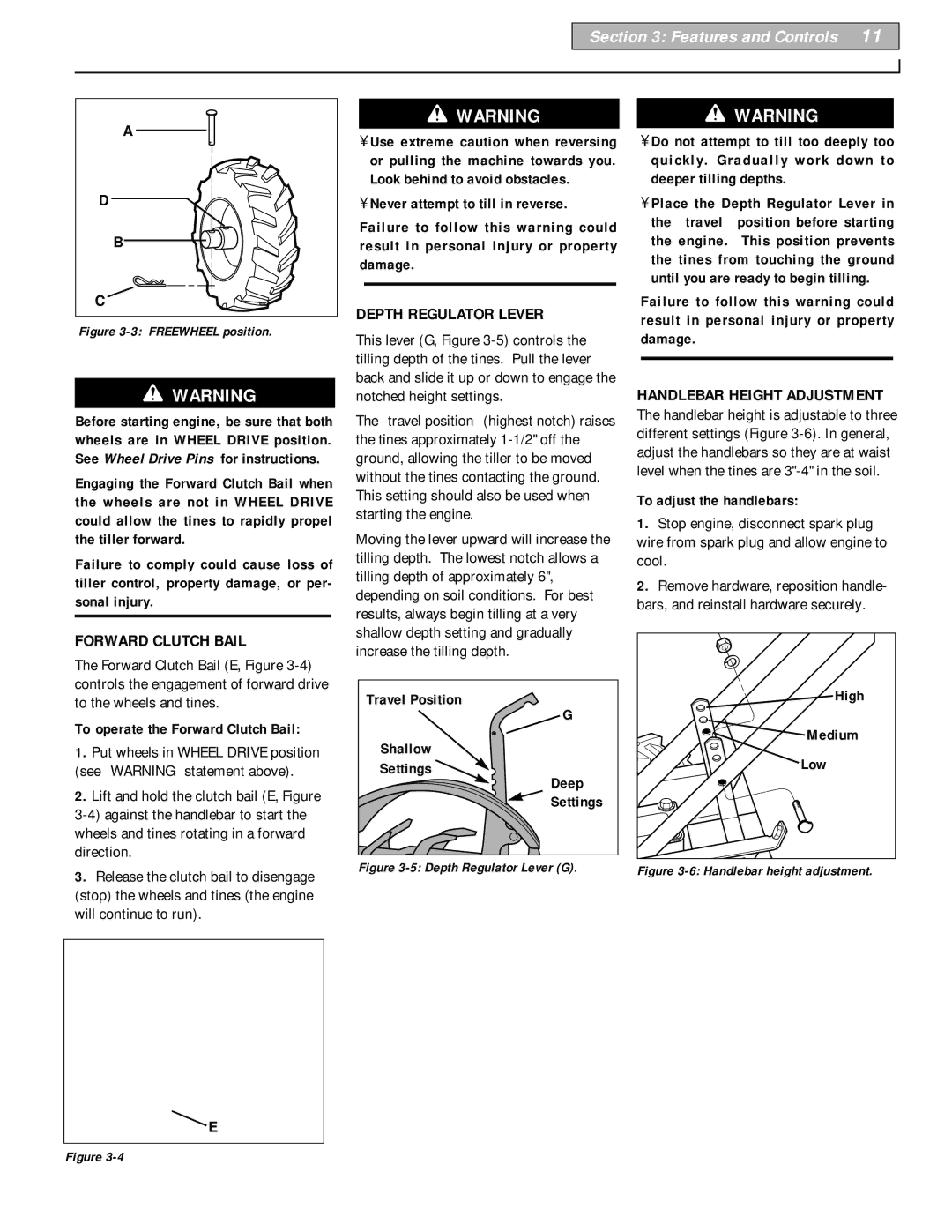 Bolens 12229 owner manual Features and Controls, Forward Clutch Bail, Depth Regulator Lever, Handlebar Height Adjustment 