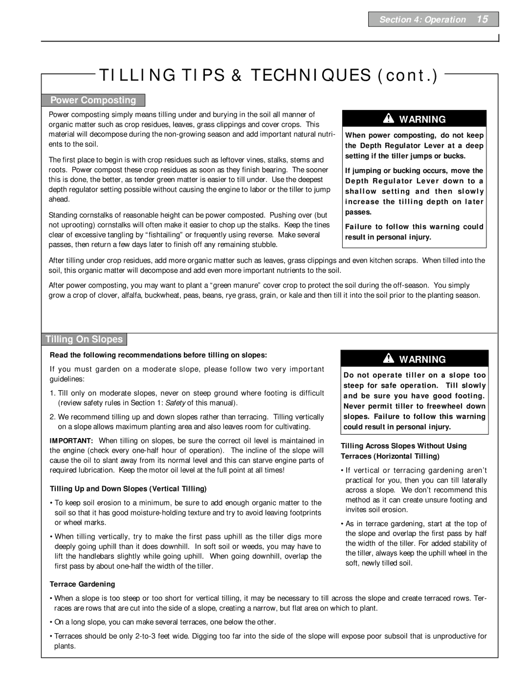 Bolens 12229 Read the following recommendations before tilling on slopes, Tilling Up and Down Slopes Vertical Tilling 