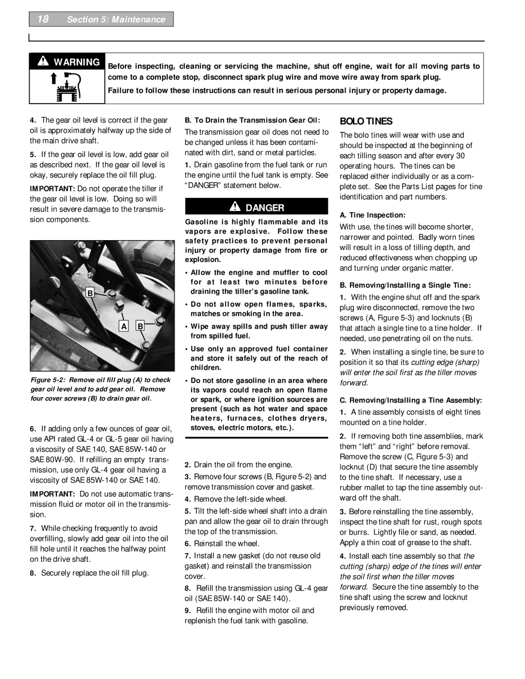 Bolens 12229 owner manual Bolo Tines, Maintenance, Tine Inspection, Removing/Installing a Single Tine 