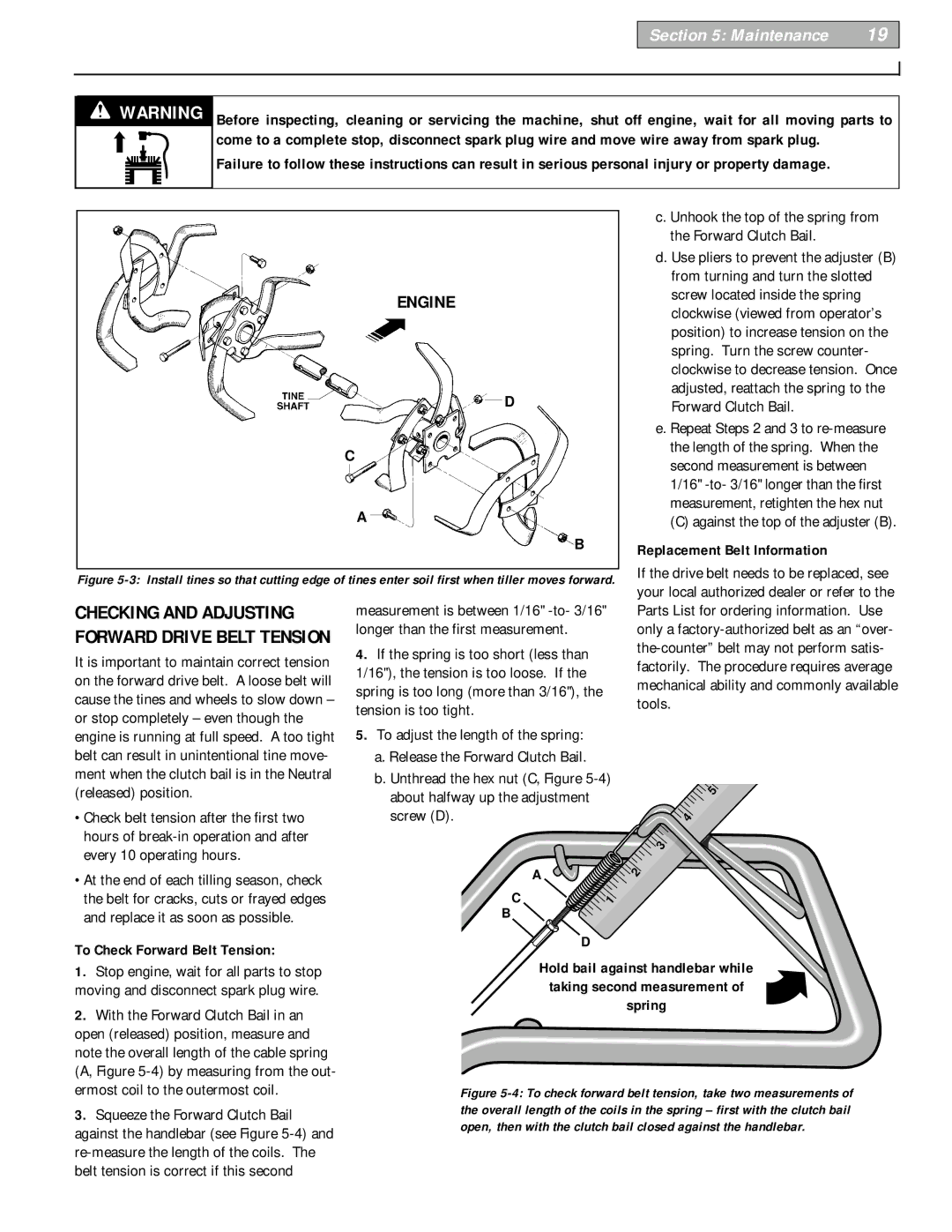 Bolens 12229 owner manual Unhook the top of the spring from the Forward Clutch Bail, Against the top of the adjuster B 