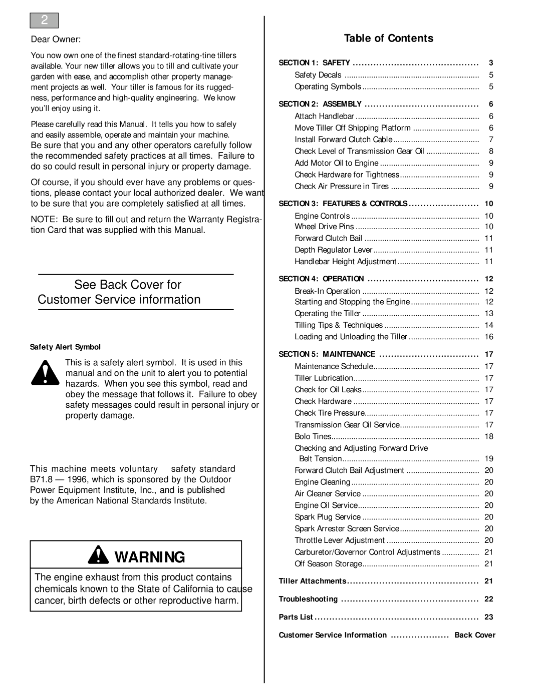 Bolens 12229 owner manual Table of Contents 