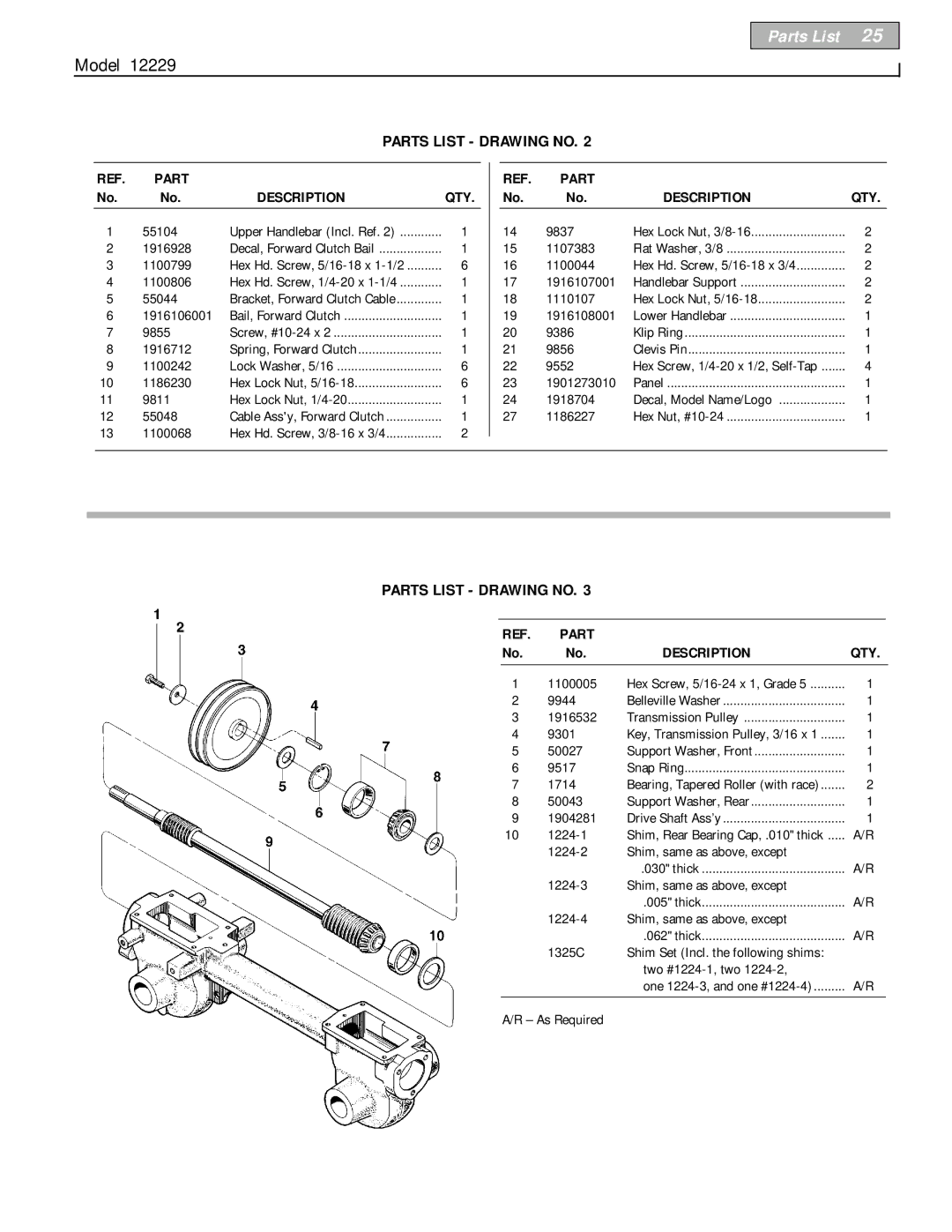 Bolens 12229 owner manual Parts List Drawing no, Part Description QTY 