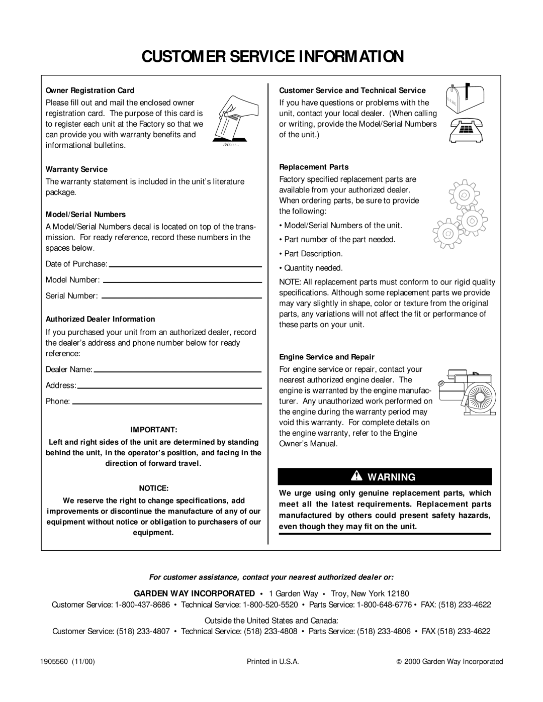 Bolens 12229 owner manual Owner Registration Card, Warranty Service, Model/Serial Numbers, Authorized Dealer Information 