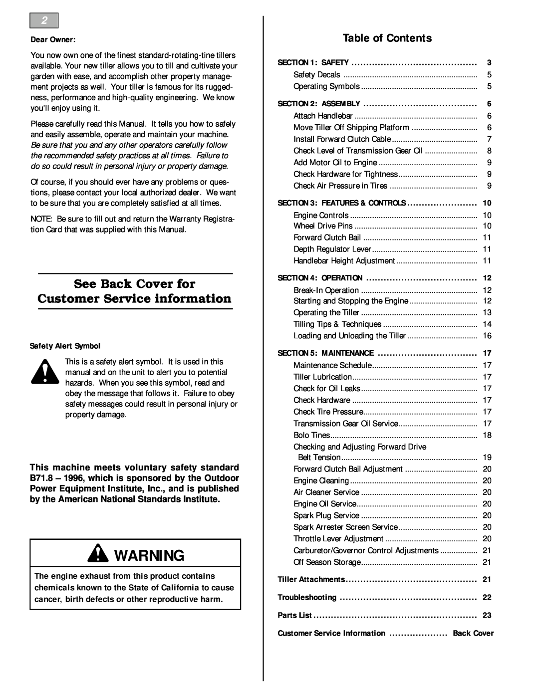 Bolens 12229 Table of Contents, Dear Owner, Safety Alert Symbol, See Back Cover for Customer Service information 