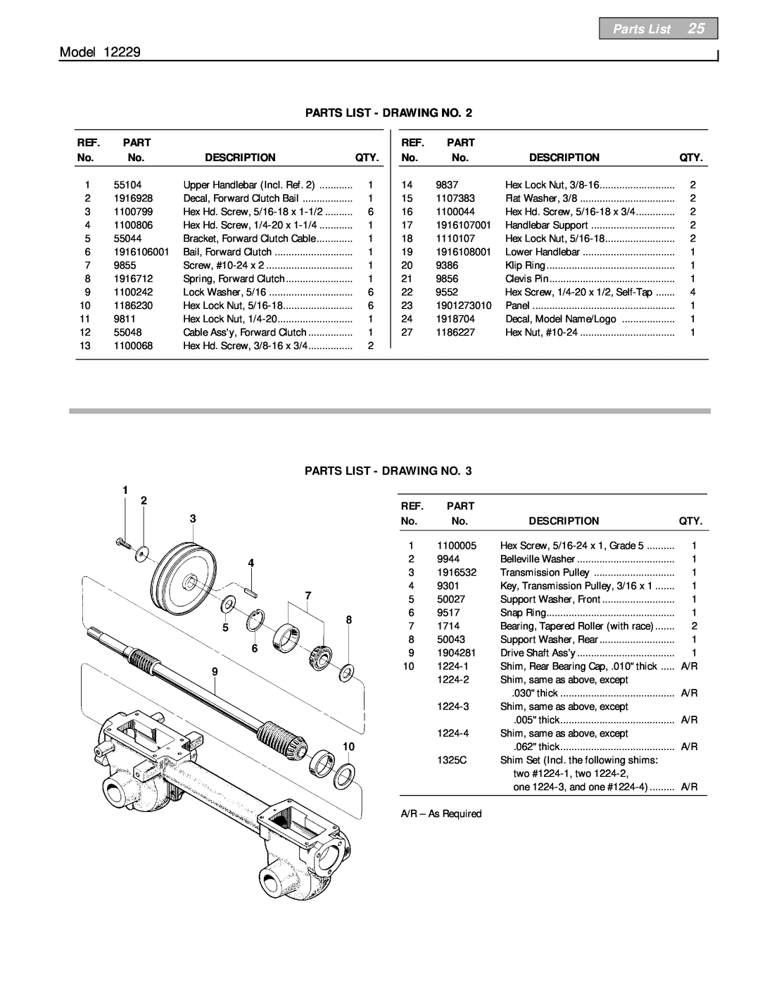 Bolens 12229 owner manual Parts List - Drawing No, Model, Description 