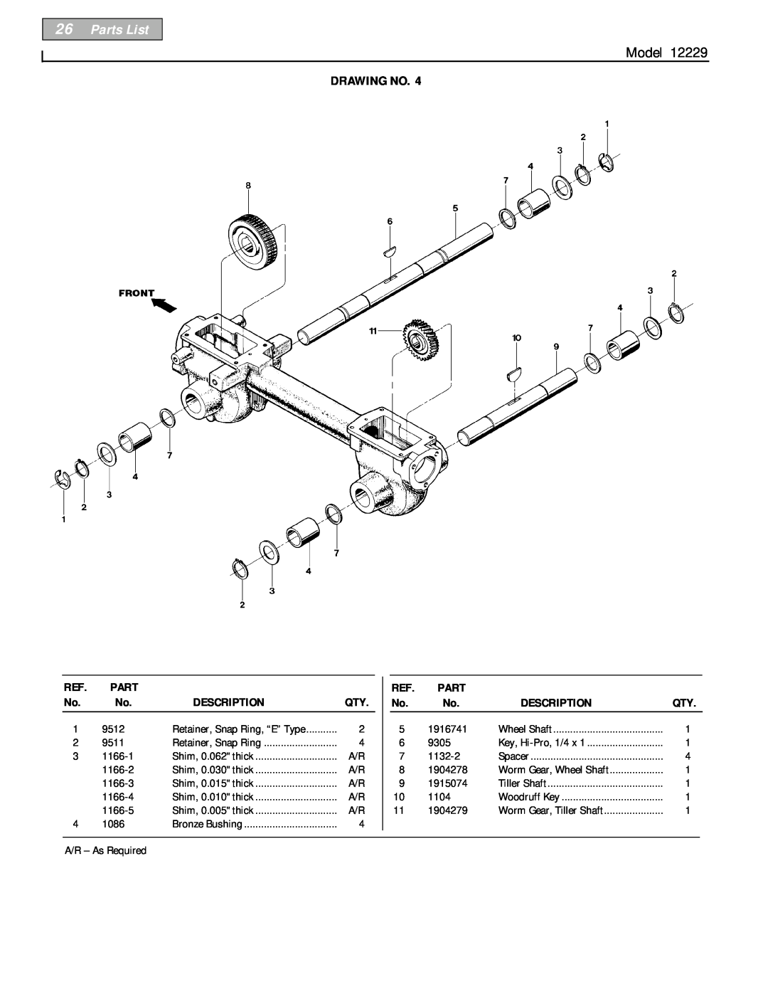 Bolens 12229 owner manual Parts List, Model, Drawing No, Description 
