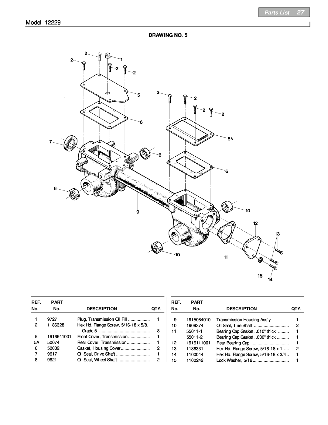 Bolens 12229 owner manual Parts List, Model, Drawing No, Description 