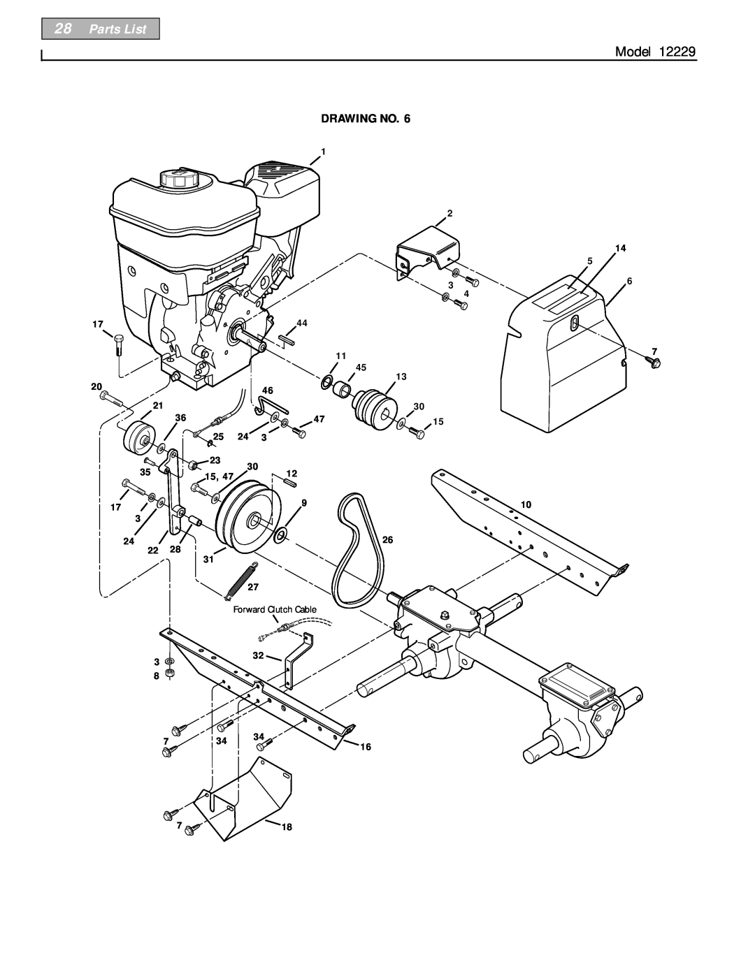Bolens 12229 owner manual Parts List, Model, Drawing No, Forward Clutch Cable 