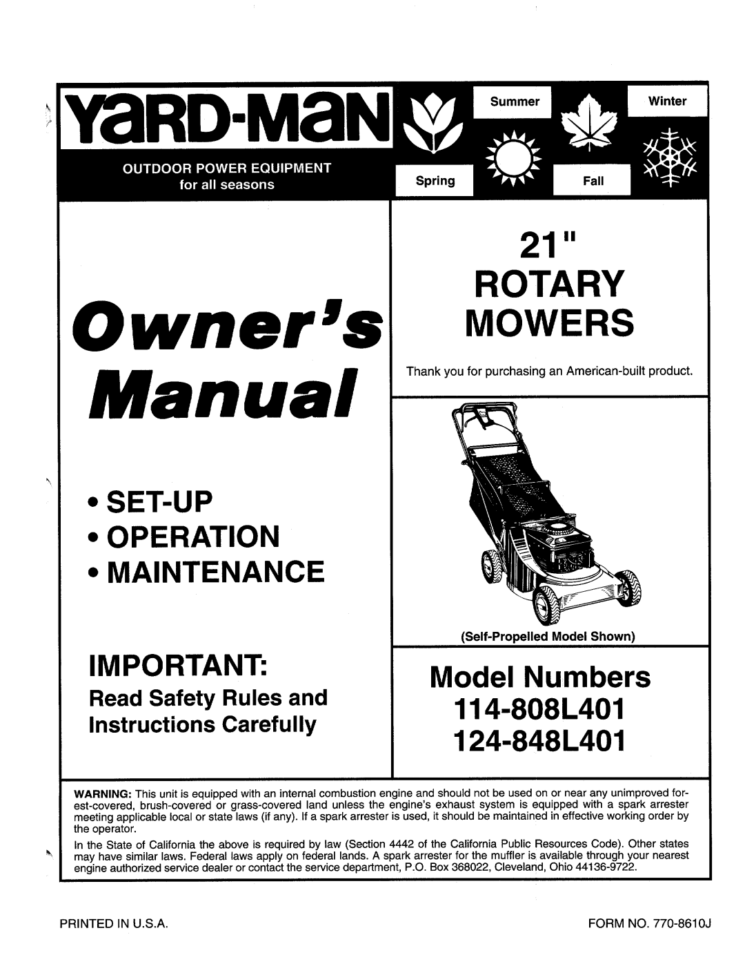 Bolens 114-808L401, 124-848L401 manual 