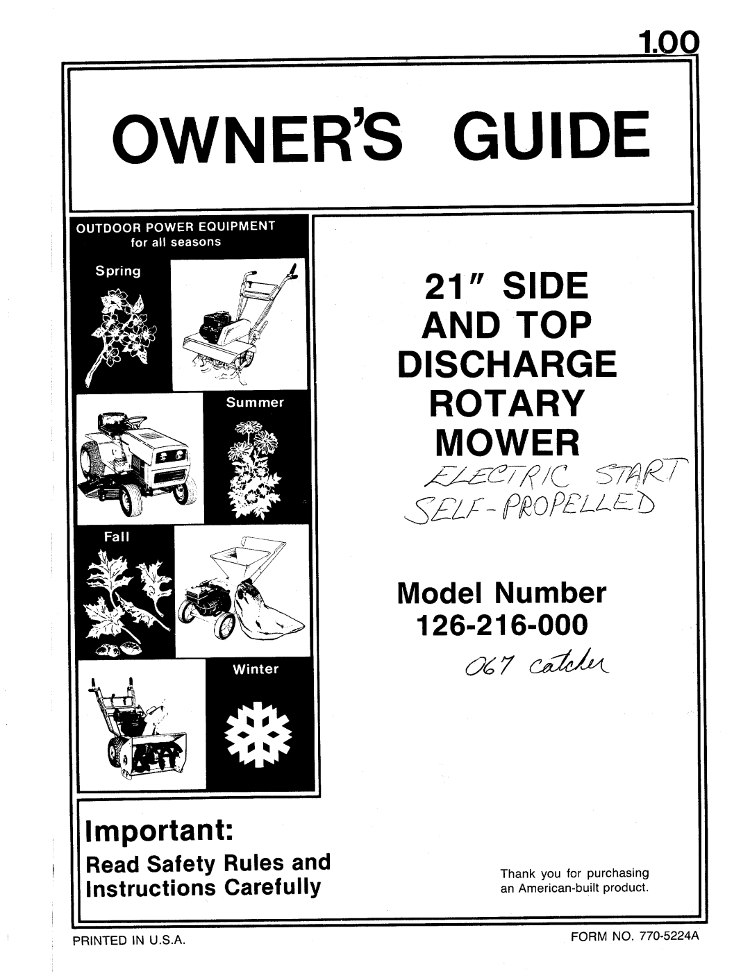 Bolens 126-216-000 manual 