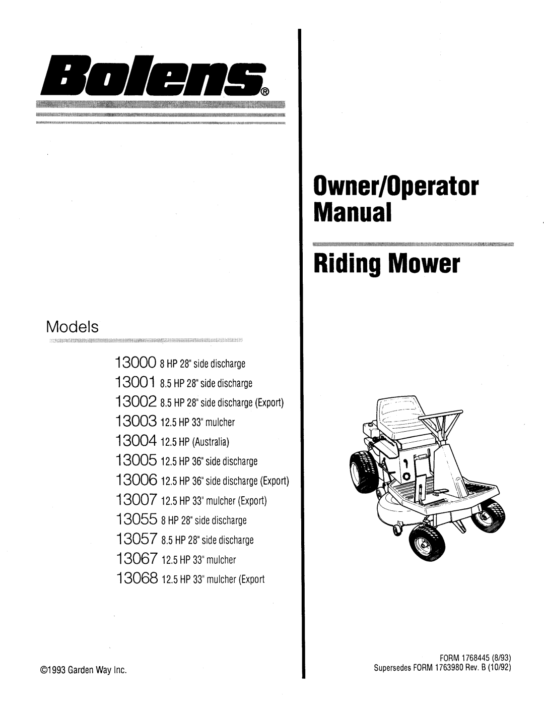 Bolens 13006, 13007, 13002, 13000, 13004, 13003, 13005, 13001, 13057, 13055, 13068, 13067 manual 