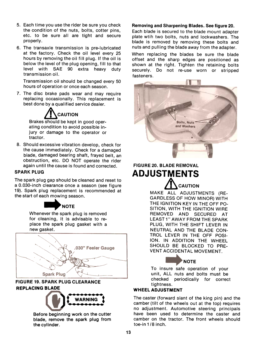 Bolens 13875-8, 13885-8 manual Fasteners, Vent Accidental Movement, Wheel Adjustment 