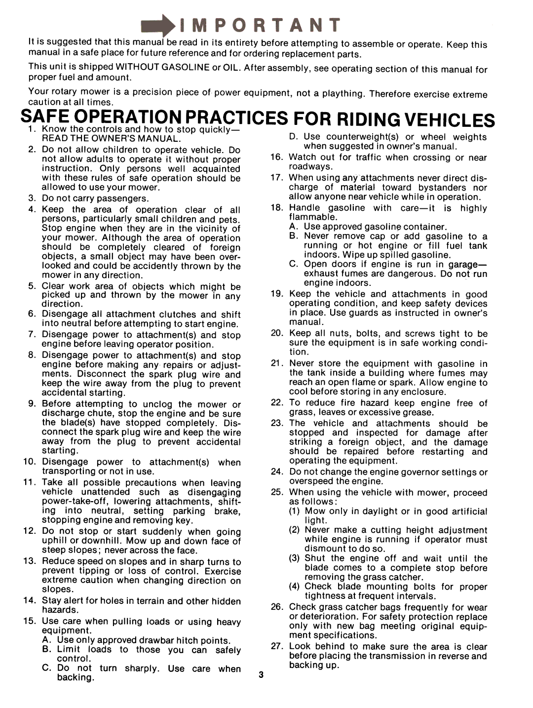 Bolens 13875-8, 13885-8 manual Safe Operation Practices for Riding Vehicles 