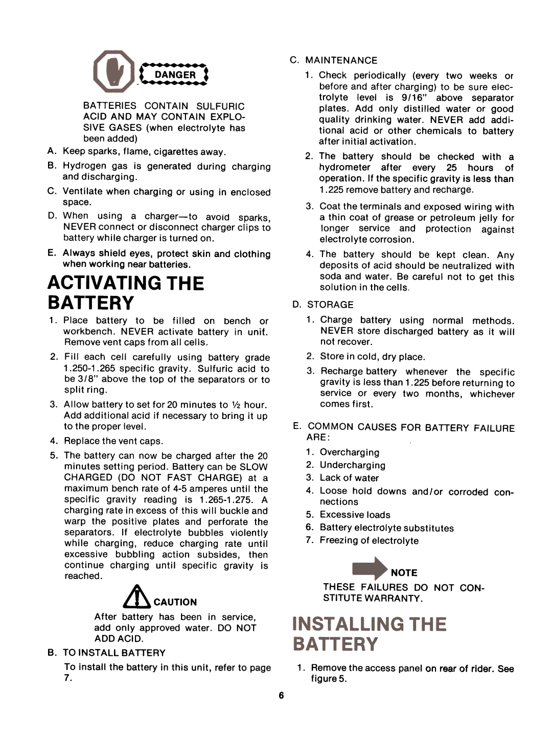 Bolens 13885-8 manual To Install Battery, Common Causes for Battery Failure are, These Failures do not CON Stitute Warranty 