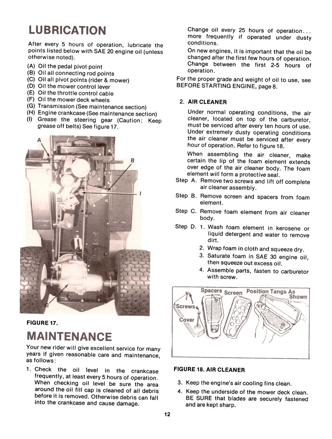 Bolens 13885-8 Air Cleaner, Step D. 1. Wash foam element in kerosene or, dirt, Keep the enginesair cooling fins clean.4 