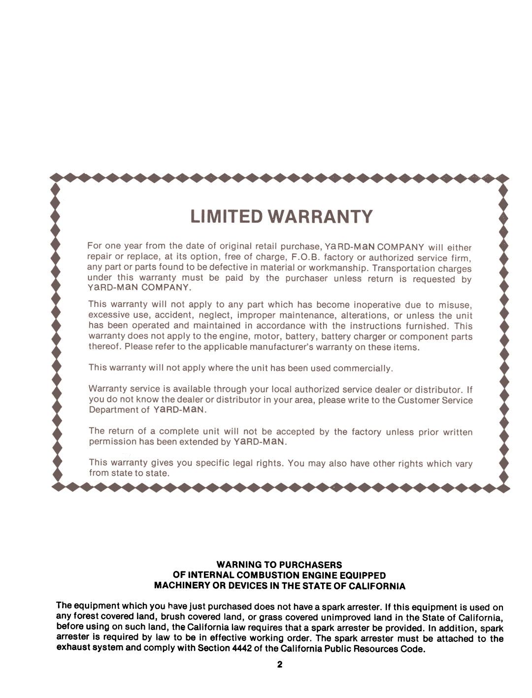 Bolens 13885-8, 13875-8 manual Warning To Purchasers, Of Internal Combustion Engine Equipped 