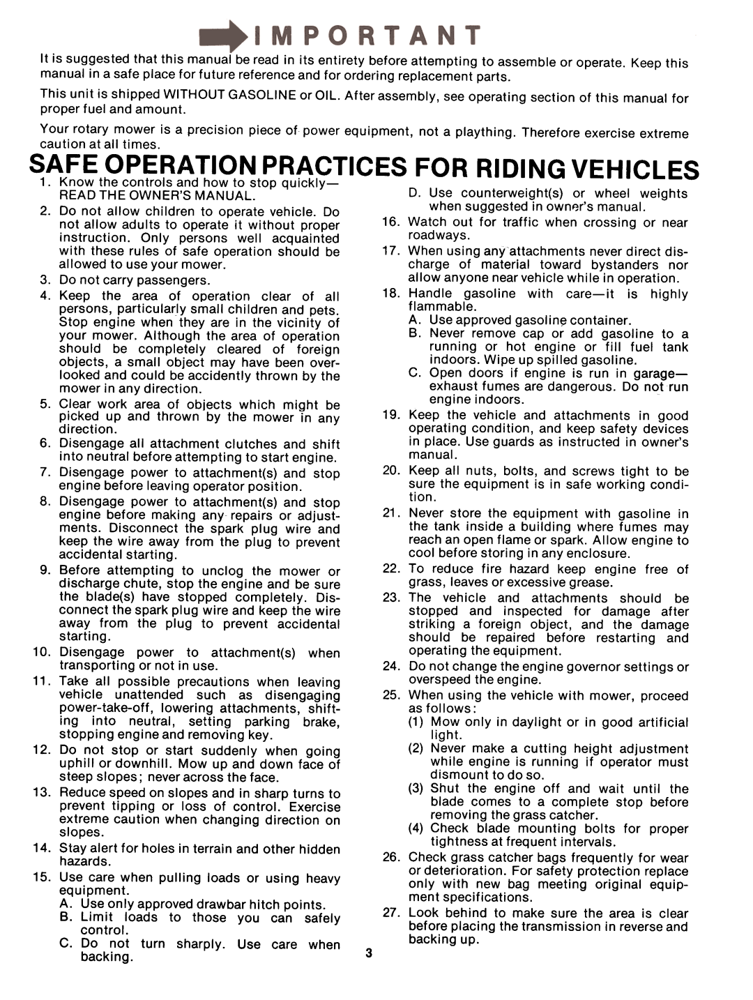 Bolens 13875-8, 13885-8 manual Safe Operation Practices For Riding Vehicles 