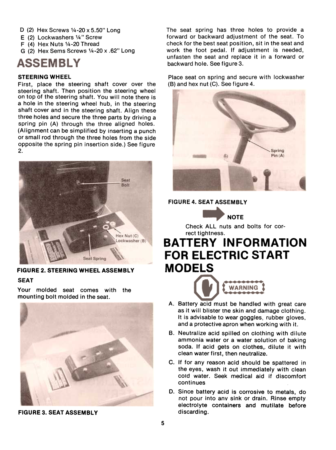 Bolens 13875-8, 13885-8 manual Battery Information For Electric Start Models 