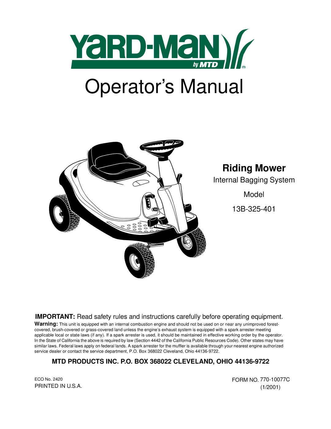 Bolens 13B-325-401 manual Operator’s Manual 