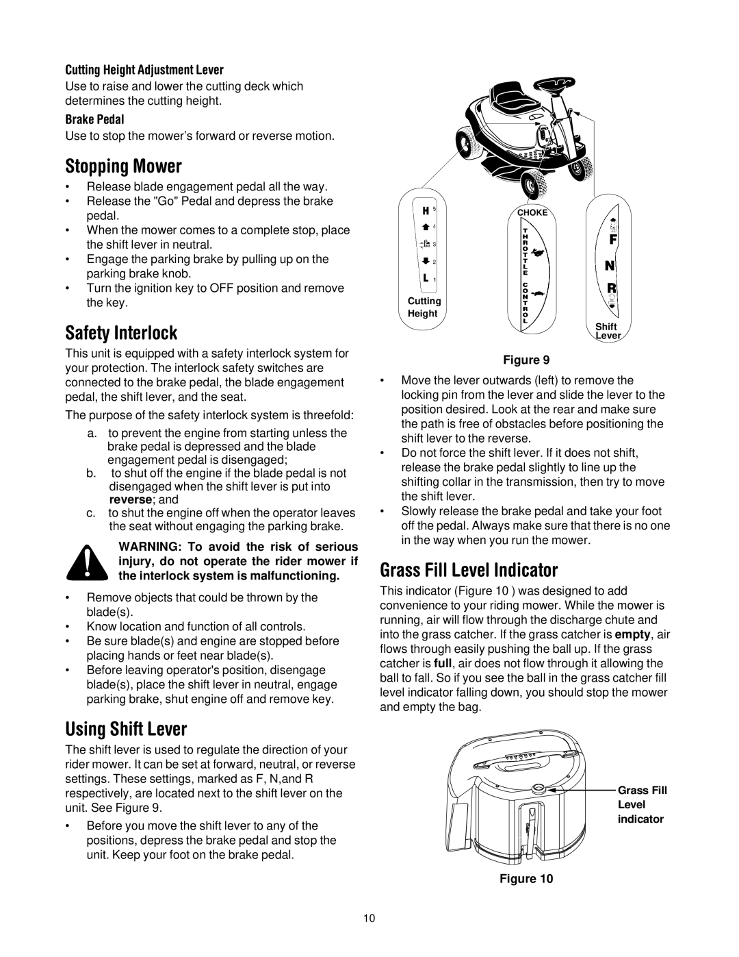 Bolens 13B-325-401 manual Stopping Mower, Safety Interlock, Using Shift Lever, Grass Fill Level Indicator 