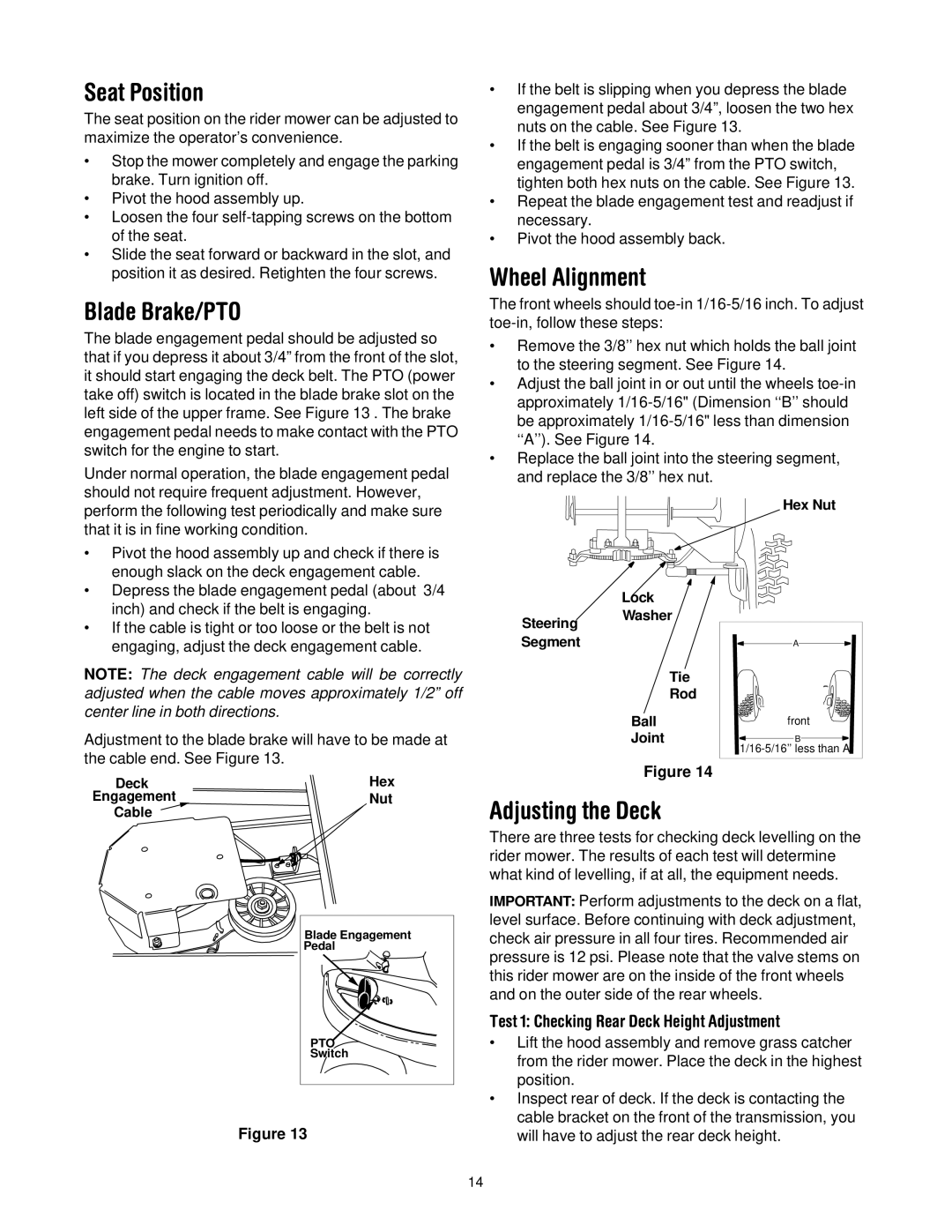 Bolens 13B-325-401 manual Seat Position, Blade Brake/PTO, Wheel Alignment, Adjusting the Deck 