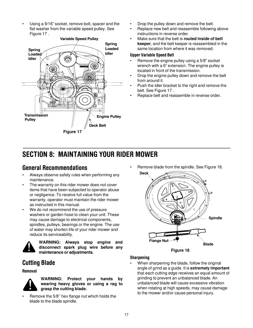 Bolens 13B-325-401 manual Maintaining Your Rider Mower, General Recommendations, Cutting Blade 