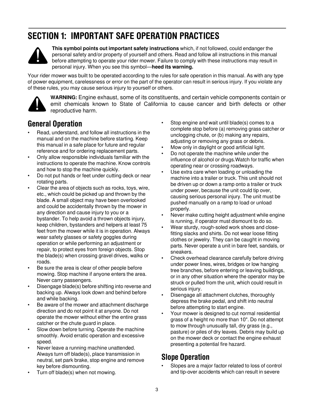 Bolens 13B-325-401 manual Important Safe Operation Practices, General Operation, Slope Operation 