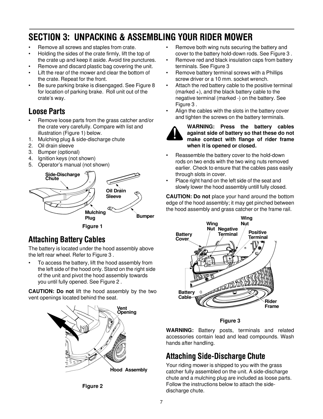 Bolens 13B-325-401 manual Unpacking & Assembling Your Rider Mower, Loose Parts, Attaching Battery Cables 