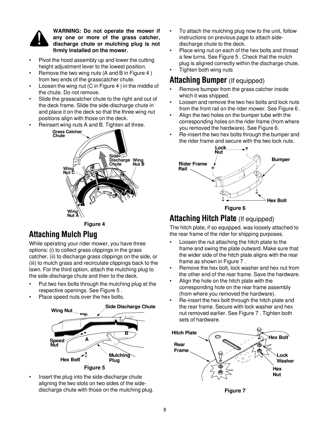 Bolens 13B-325-401 manual Attaching Mulch Plug, Attaching Bumper If equipped, Attaching Hitch Plate If equipped 