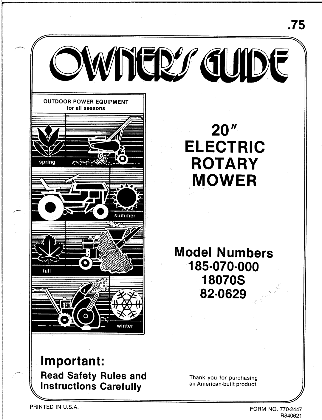 Bolens 185-070-000, 18070S, 82-0629 manual 